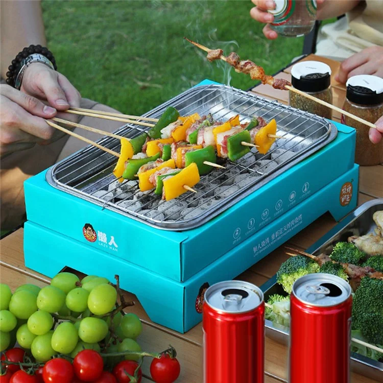 Outdoor Einweg-Barbecue-Ofen aus Kraftpapier + Edelstahl-BBQ-Grill, waschfrei, für Camping, Picknick (BPA-frei, keine FDA-Zertifizierung) - Blau