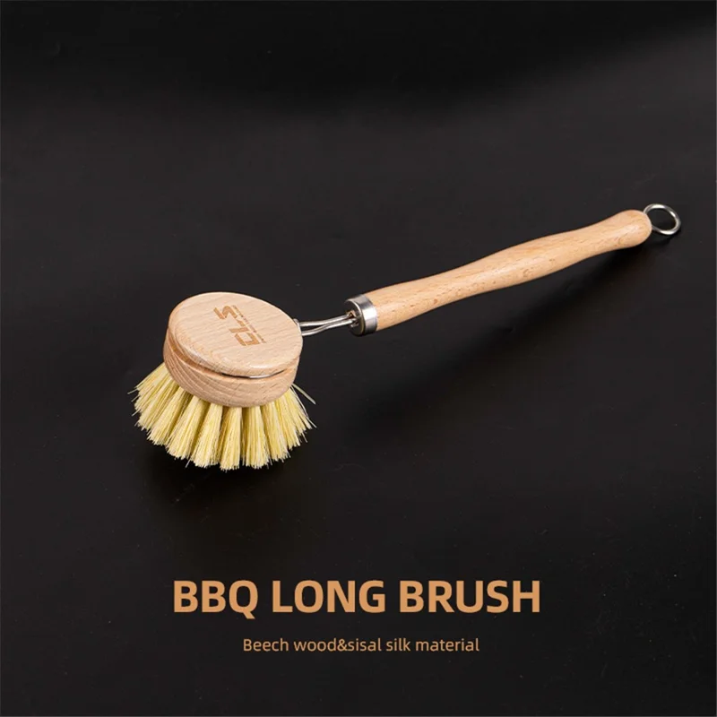 CLS BBQ Grill Cleaning Brush Beech Wood Long Handle Pan Pot Kitchen Cleaning Tool (BPA-free, No FDA Certificate)