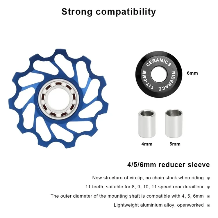 RIDERACE RN1878 11T Bicycle Rear Derailleur Ceramic Pulley Guide Bearing Jockey Pulley for Shimano SRAM Road Bike - Black