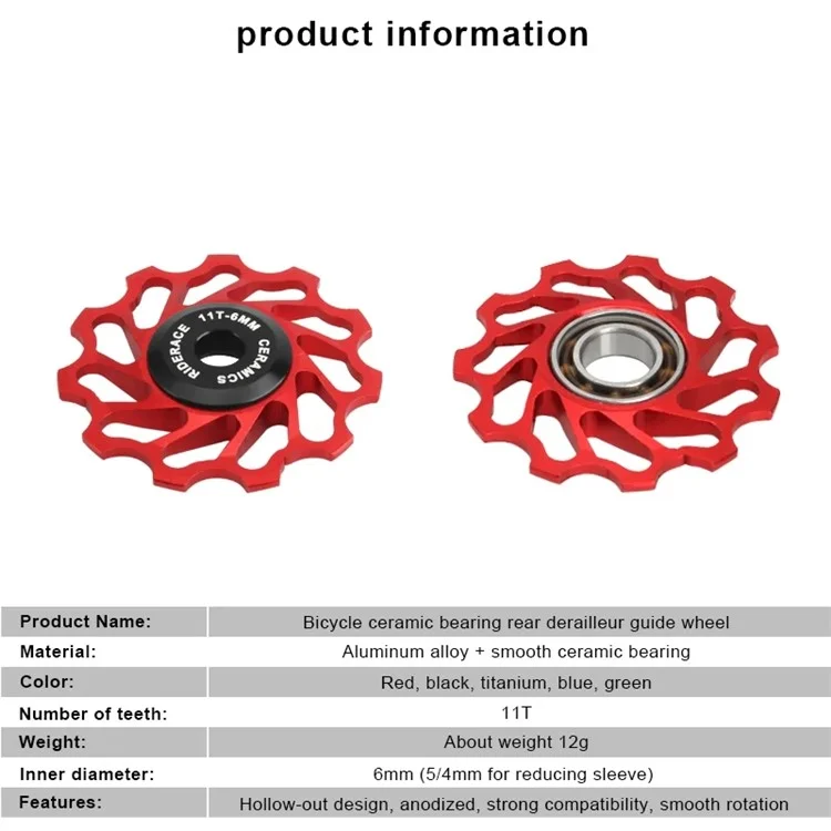 RIDERACE RN1878 11T Bicycle Rear Derailleur Ceramic Pulley Guide Bearing Jockey Pulley for Shimano SRAM Road Bike - Black