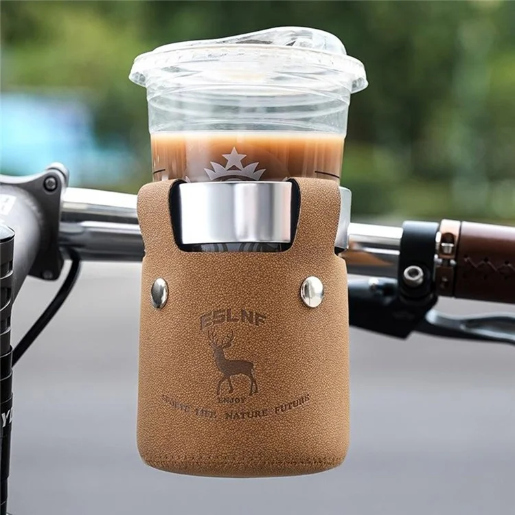 ESLNF 08CR0192 Bicycle Water Bottle Holder Aluminum Alloy + Leather Milk Tea Cup Bike Mount Bracket - Coffee