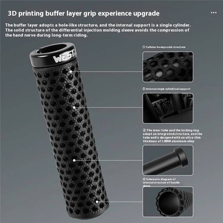 WEST BIKING YP0804081 3D Printed Bicycle Handlebar Grips Anti Slip Shock Absorbing Mountain Bike Handle Bar - Black