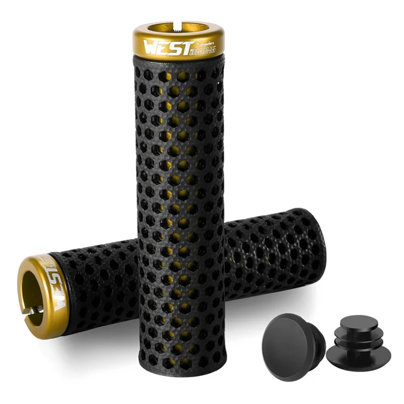 WEST BIKING YP0804081 3D Printed Bicycle Handlebar Grips Anti Slip Shock Absorbing Mountain Bike Handle Bar - Black+Gold