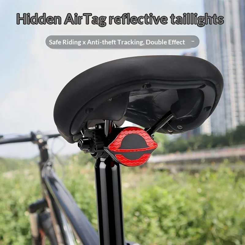 915256 Hidden Holder Case for Apple AirTag Bike Seat Reflective Tail Light Waterproof Anti-theft Tracker Mount - Red