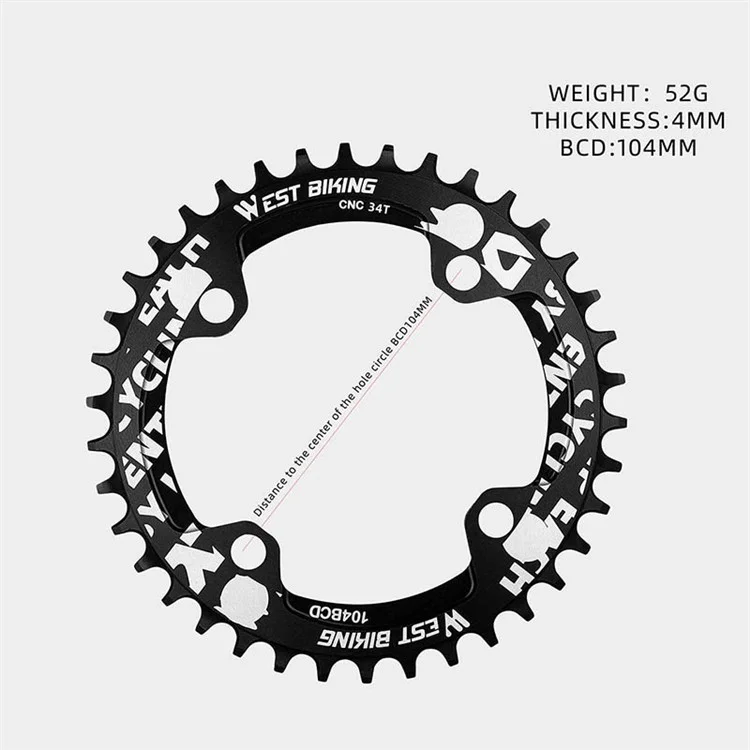 WEST BIKING Aluminum Alloy CNC Positive and Negative Tooth Disc 104BCD 34T Single Chain Ring for MTB Bicycle - Black