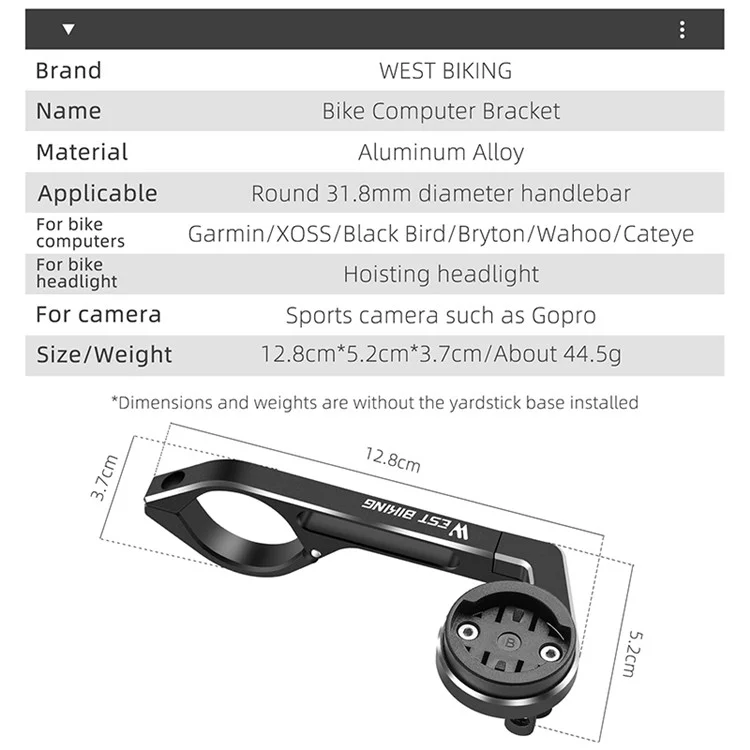 WEST BIKING YP0719358 Велосипедный компьютерный кронштейн Держатель Алюминиевый сплав Велосипедный руль Кронштейн для компьютера - Черный