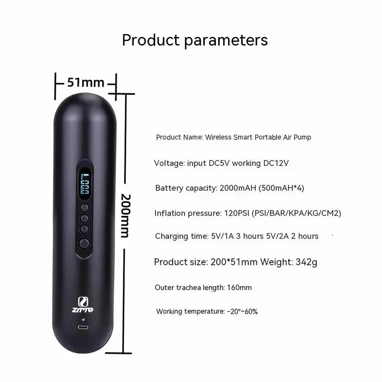 ZTTO WXCQB Bomba Elétrica 2000mAh Bomba de Ar Inteligente de Enchimento Rápido de Bola com Visor Digital - Preto
