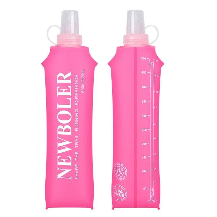 NEWBOLER Outdoor Sports Water Bottle 500ml Portable Collapsible TPU Soft Water Bag for Running (No FDA, BPA-Free) - Hot Pink