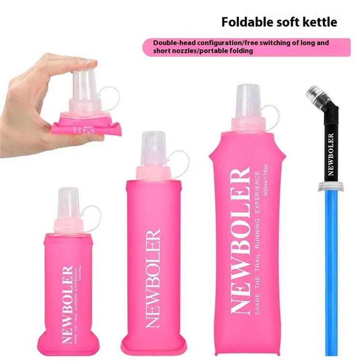 NEWBOLER Outdoor Sports Water Bottle 500ml Portable Collapsible TPU Soft Water Bag for Running (No FDA, BPA-Free) - Hot Pink