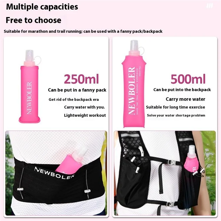 NEWBOLER Outdoor Sports Water Bottle 250ml Portable Collapsible TPU Soft Water Bag for Running (No FDA, BPA-Free) - Hot Pink