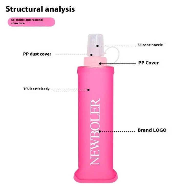 NEWBOLER Outdoor Sports Water Bottle 250ml Portable Collapsible TPU Soft Water Bag for Running (No FDA, BPA-Free) - Hot Pink
