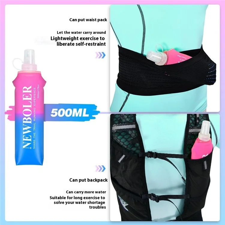 NEWBOLER 500ml TPU Collapsible Water Bottle Soft Flask Gradient Color Sports Portable Bottle for Marathon (No FDA, BPA Free) - Pink Blue