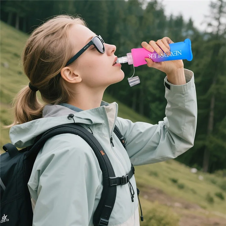 NEWBOLER 500ml TPU Collapsible Water Bottle Soft Flask Gradient Color Sports Portable Bottle for Marathon (No FDA, BPA Free) - Pink Blue
