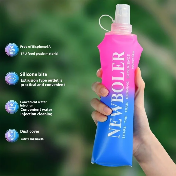 NEWBOLER 500ml TPU Collapsible Water Bottle Soft Flask Gradient Color Sports Portable Bottle for Marathon (No FDA, BPA Free) - Pink Blue
