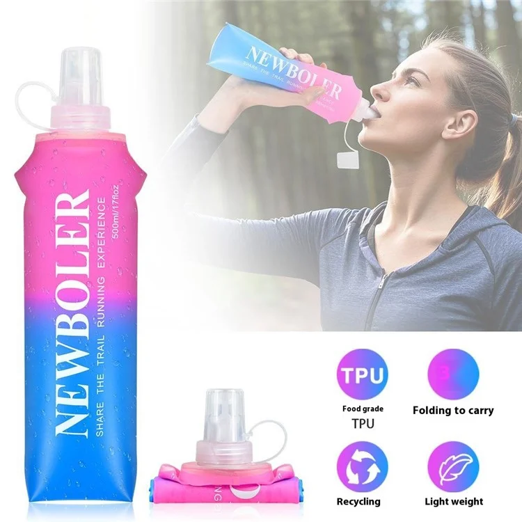 NEWBOLER 150ml TPU Collapsible Water Bottle Soft Flask Gradient Color Sports Portable Bottle for Marathon (No FDA, BPA Free) - Blue White Pink