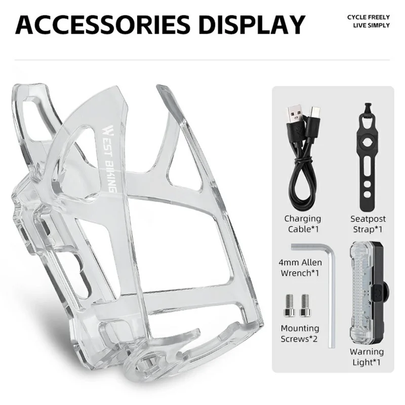 WEST BIKING YP0704049 For Mountain Road Bike Water Bottle Cage with Detachable Warning Light - Transparent