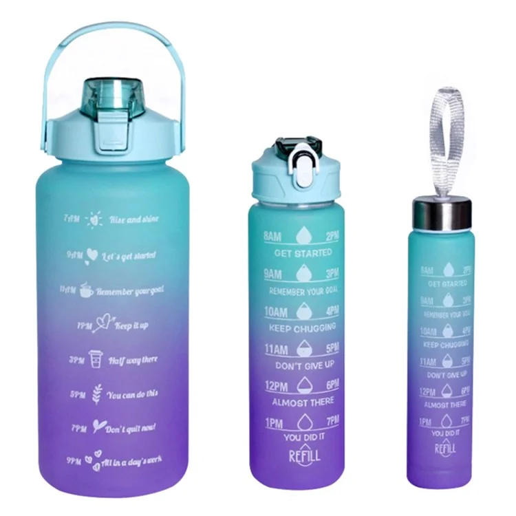 3PCS PC Sports Water Bottles Set Drinking Bottles Cups with Drinking Time, Volume Scale, Straw (BPA-Free, No FDA Certified) - Blue / Purple