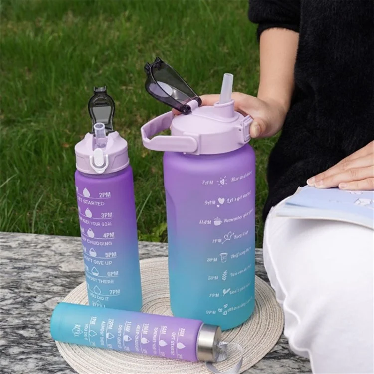 3PCS PC Sports Water Bottles Set Drinking Bottles Cups with Drinking Time, Volume Scale, Straw (BPA-Free, No FDA Certified) - Blue / Purple