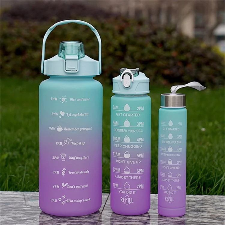 3PCS PC Sports Water Bottles Set Drinking Bottles Cups with Drinking Time, Volume Scale, Straw (BPA-Free, No FDA Certified) - Blue / Purple