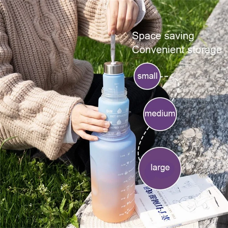 3PCS PC Sports Water Bottles Set Drinking Bottles Cups with Drinking Time, Volume Scale, Straw (BPA-Free, No FDA Certified) - Blue / Purple