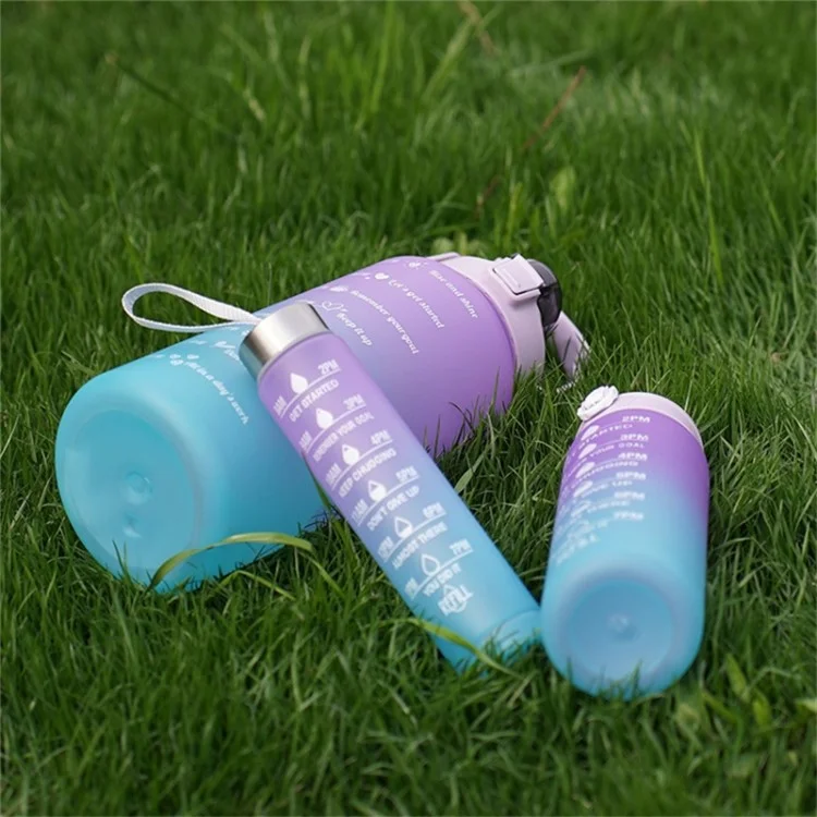 3PCS PC Sports Water Bottles Set Drinking Bottles Cups with Drinking Time, Volume Scale, Straw (BPA-Free, No FDA Certified) - Blue / Purple