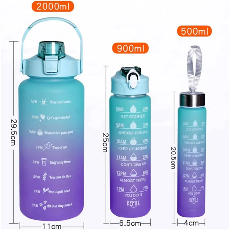 3PCS PC Sports Water Bottles Set Drinking Bottles Cups with Drinking Time, Volume Scale, Straw (BPA-Free, No FDA Certified) - Blue / Purple