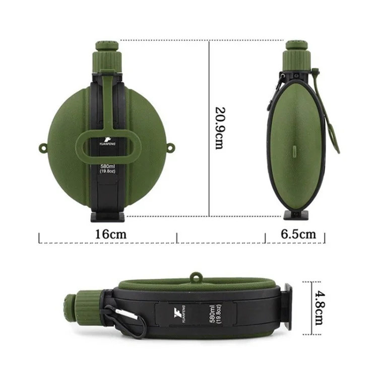 580ml Collapsible Silicone Water Bottle with Compass (No FDA, BPA-Free) - Army Green