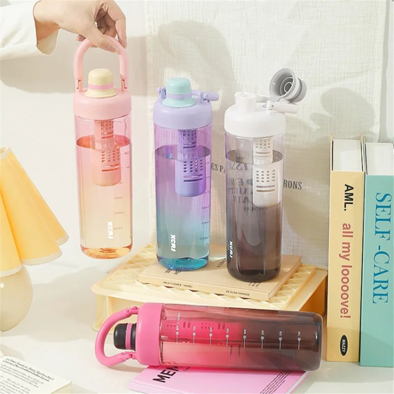 1000ml Gradient Color Drinking Cup Outdoor Portable Water Bottle with Tea Divider - Tangerine Pink