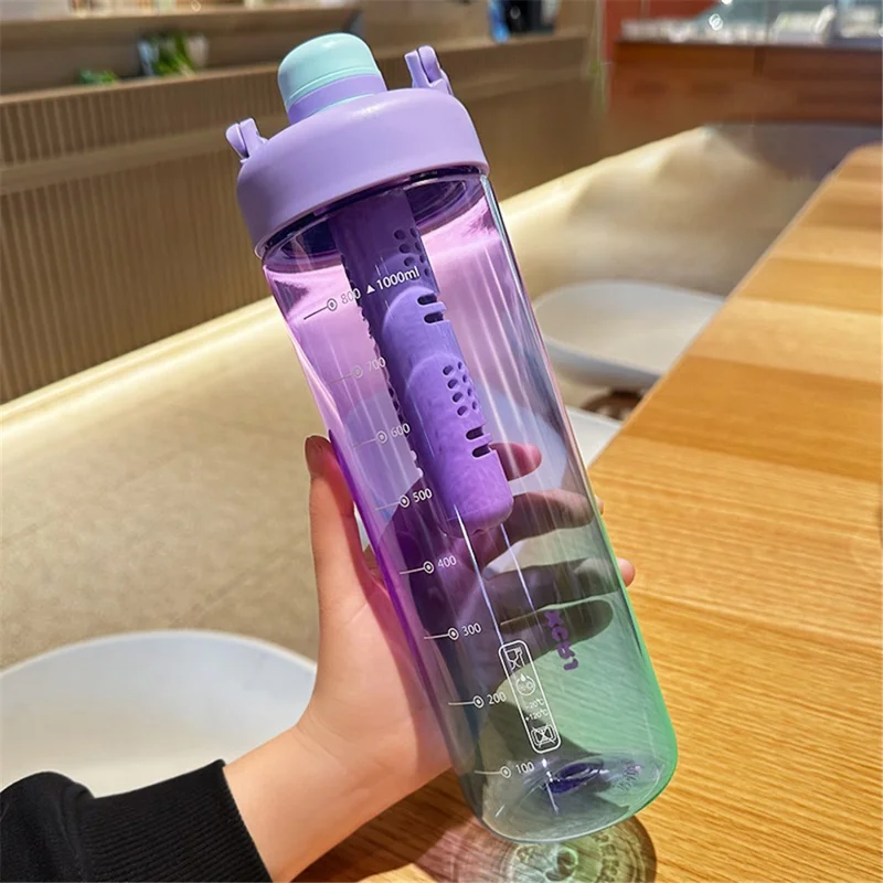 1000ml Gradient Color Drinking Cup Outdoor Portable Water Bottle with Tea Divider - Misty Purple