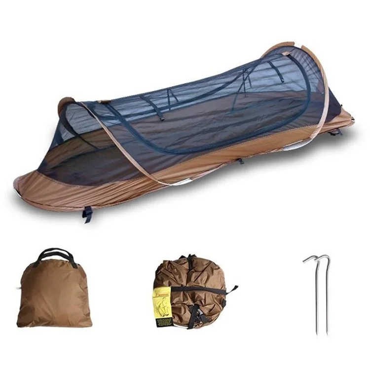 Tente de randonnée rapide à ouverture instantanée pour une personne, abri de camping tactique anti-moustiques avec sac de rangement - Café