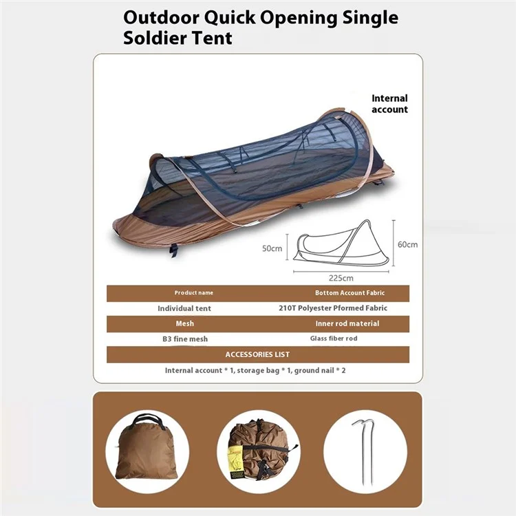 Tente de randonnée rapide à ouverture instantanée pour une personne, abri de camping tactique anti-moustiques avec sac de rangement - Café