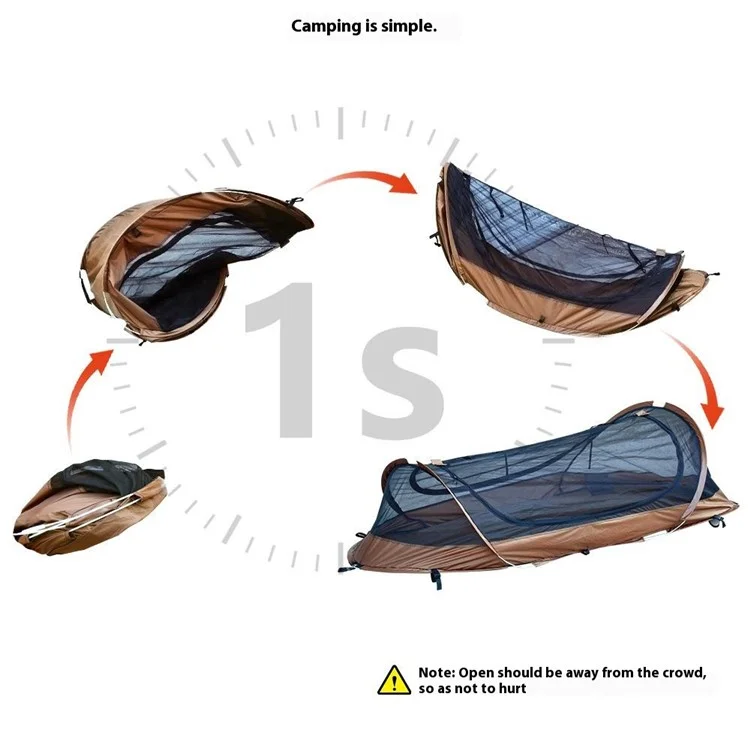 Tente de randonnée rapide à ouverture instantanée pour une personne, abri de camping tactique anti-moustiques avec sac de rangement - Café