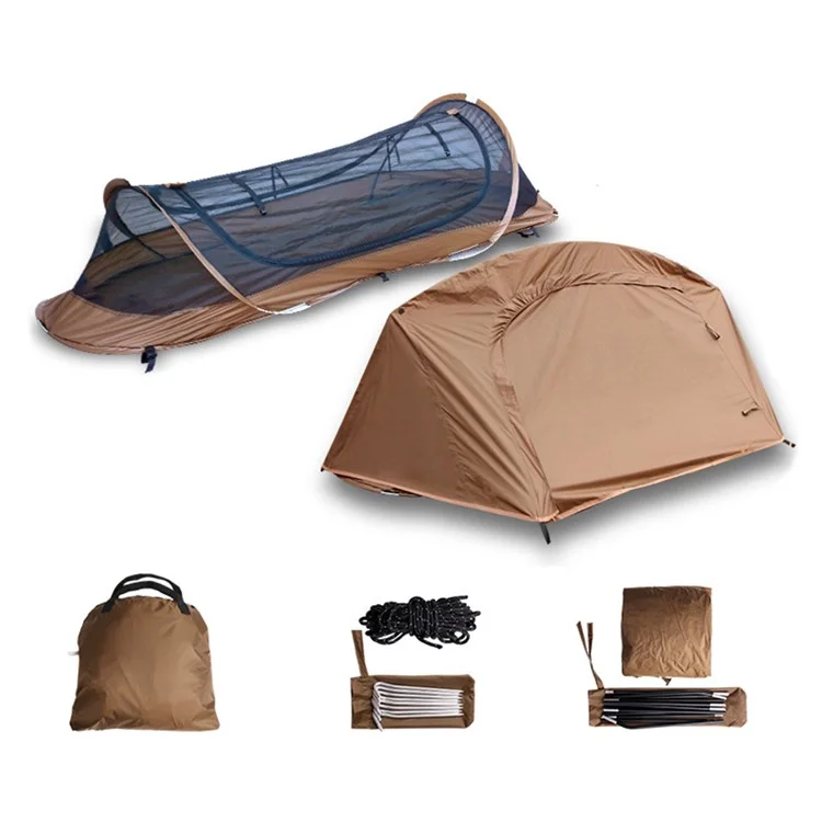 Tente de camping anti-moustiques à ouverture rapide pour une personne en polyester 210T avec tente extérieure et sac de rangement - Café
