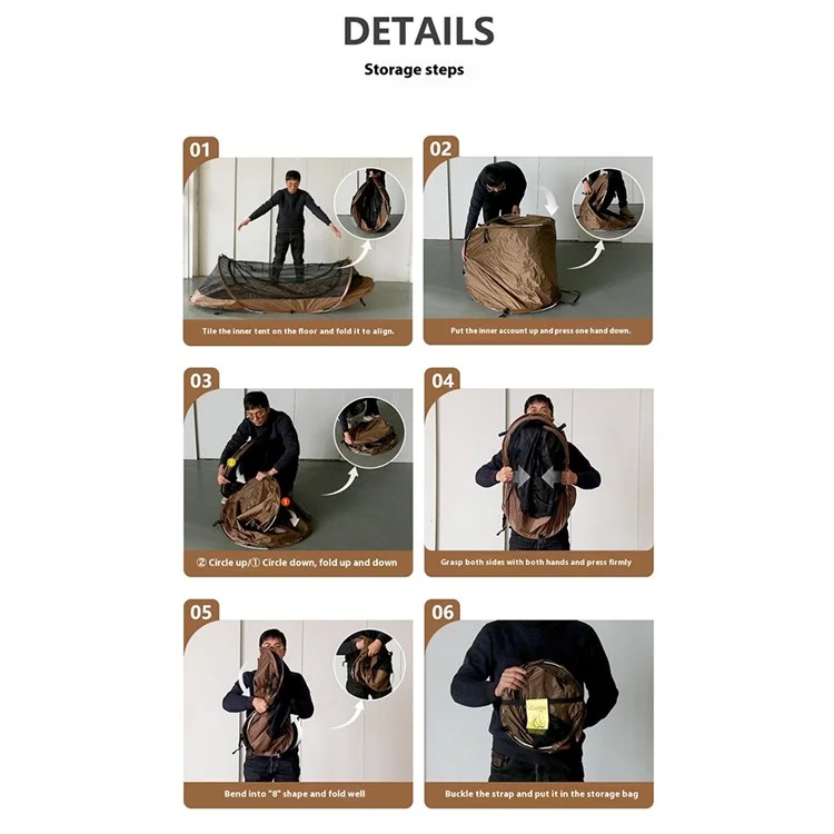 Tente de camping anti-moustiques à ouverture rapide pour une personne en polyester 210T avec tente extérieure et sac de rangement - Café