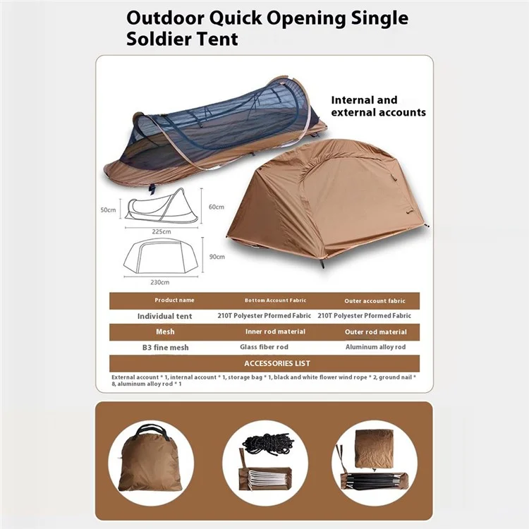 Tente de camping anti-moustiques à ouverture rapide pour une personne en polyester 210T avec tente extérieure et sac de rangement - Café