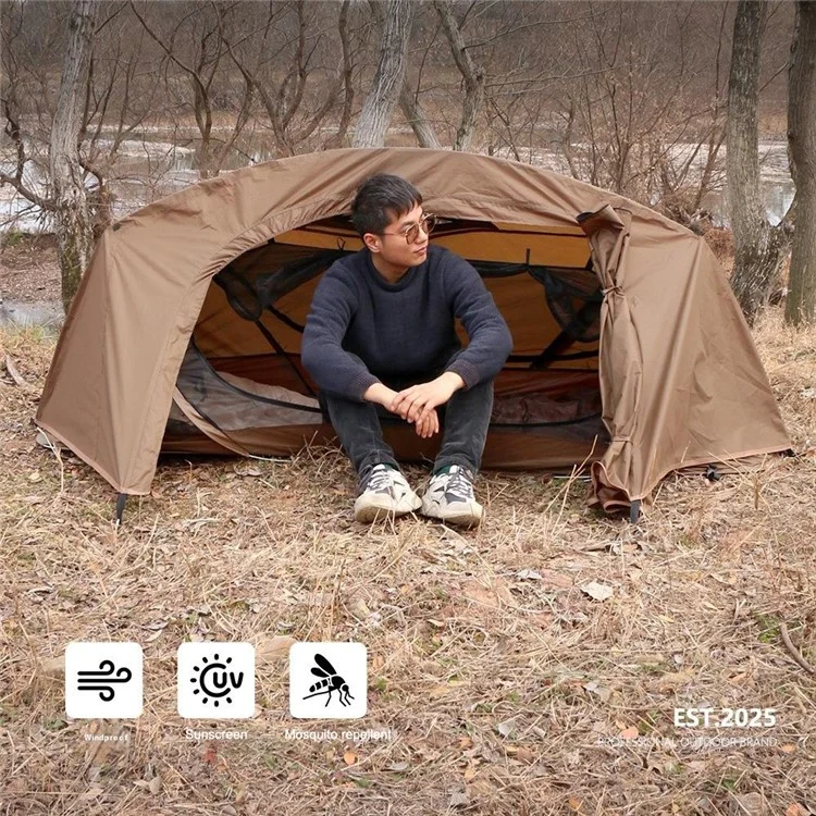 Tente de camping anti-moustiques à ouverture rapide pour une personne en polyester 210T avec tente extérieure et sac de rangement - Café