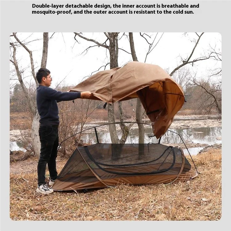 Tente de camping anti-moustiques à ouverture rapide pour une personne en polyester 210T avec tente extérieure et sac de rangement - Café
