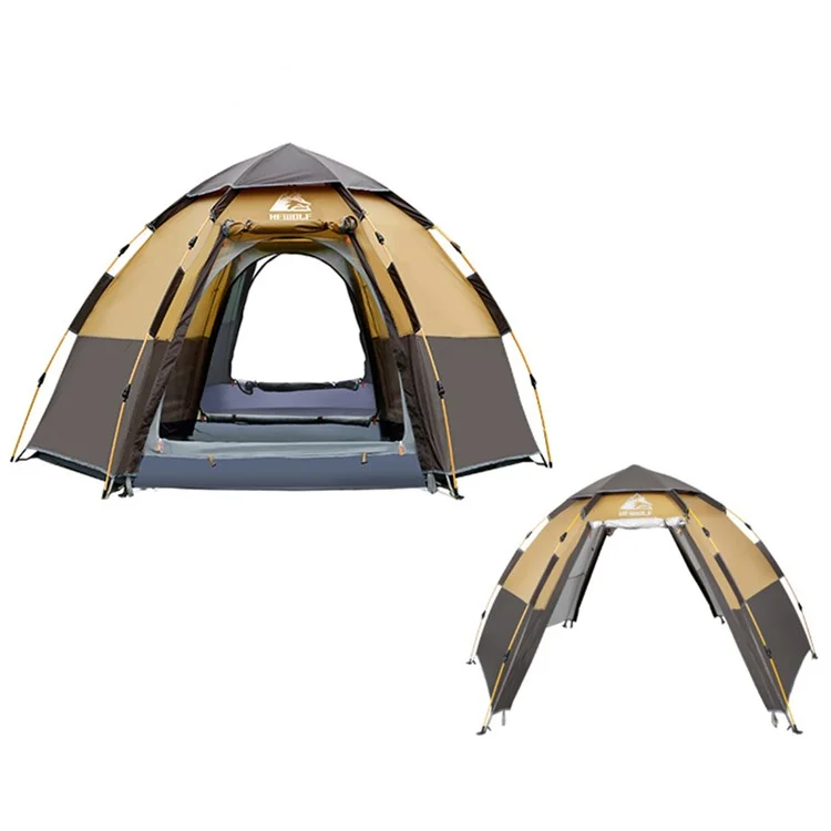 HEWOLF HW-Z1789 Tienda de campaña hexagonal automática impermeable para 3-4 personas para acampada, viaje al aire libre - Camel