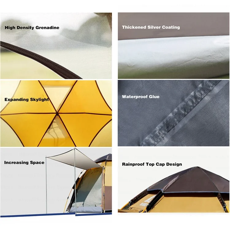 HEWOLF HW-Z1789 Tienda de campaña hexagonal automática impermeable para 3-4 personas para acampada, viaje al aire libre - Camel