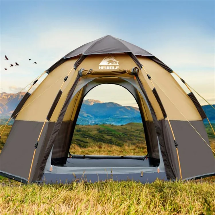 HEWOLF HW-Z1789 Tienda de campaña hexagonal automática impermeable para 3-4 personas para acampada, viaje al aire libre - Camel