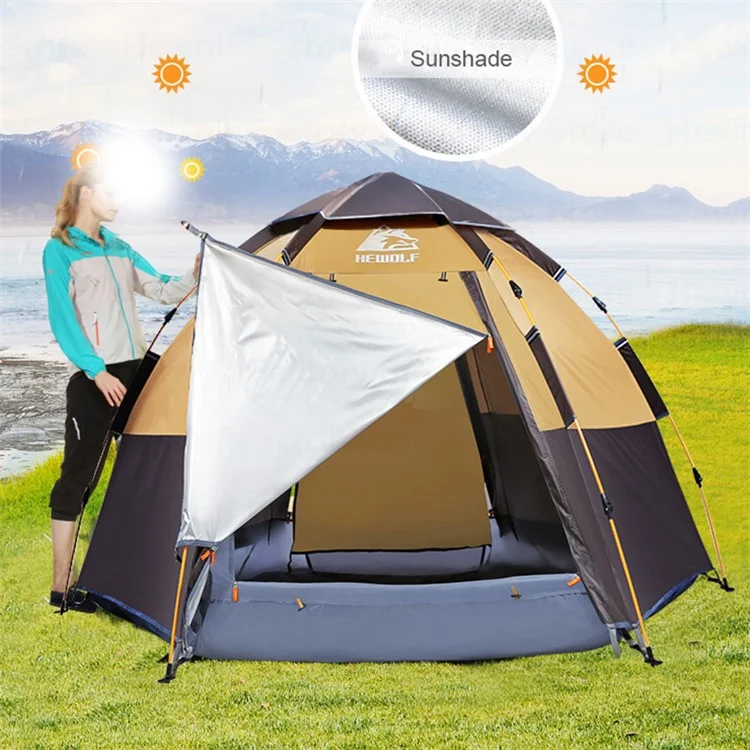 HEWOLF HW-Z1789 Tienda de campaña hexagonal automática impermeable para 3-4 personas para acampada, viaje al aire libre - Camel
