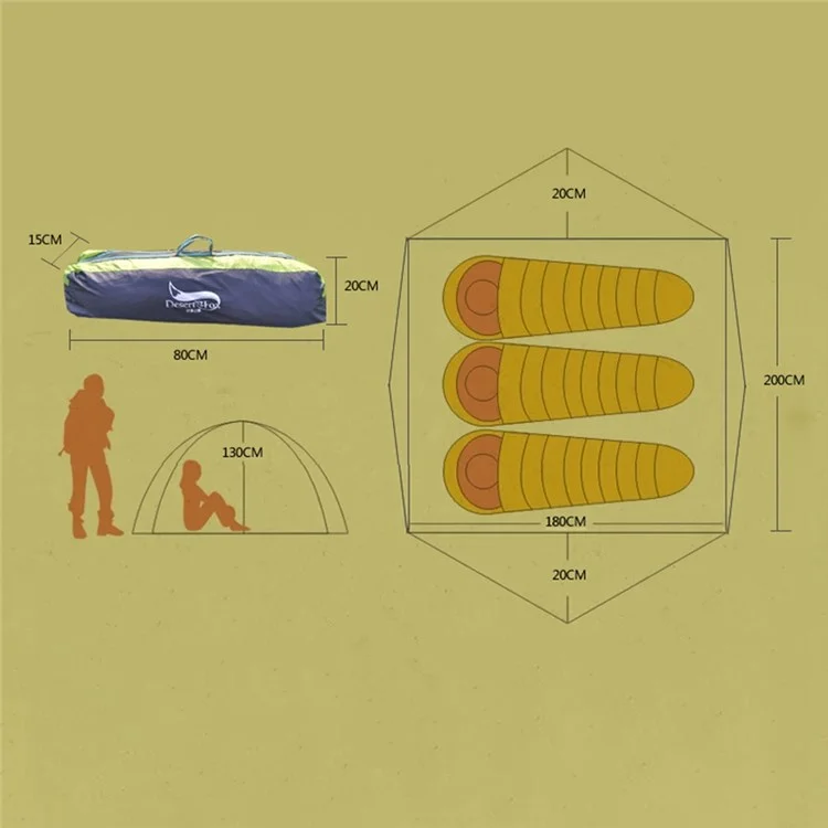 Desert & Fox 3-4 Personnes Extérieure Double Couche Automatique Tente Automatique De Randonnée De Camping À Double Porte Étanche - Armée Verte