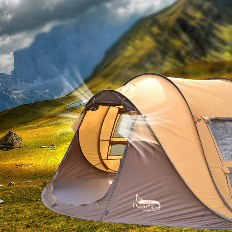 DESERT&FOX 3-4 People Outdoor Automatic Tent Rainproof Sunproof Camping Hiking Beach Tent - Khaki/Coffee