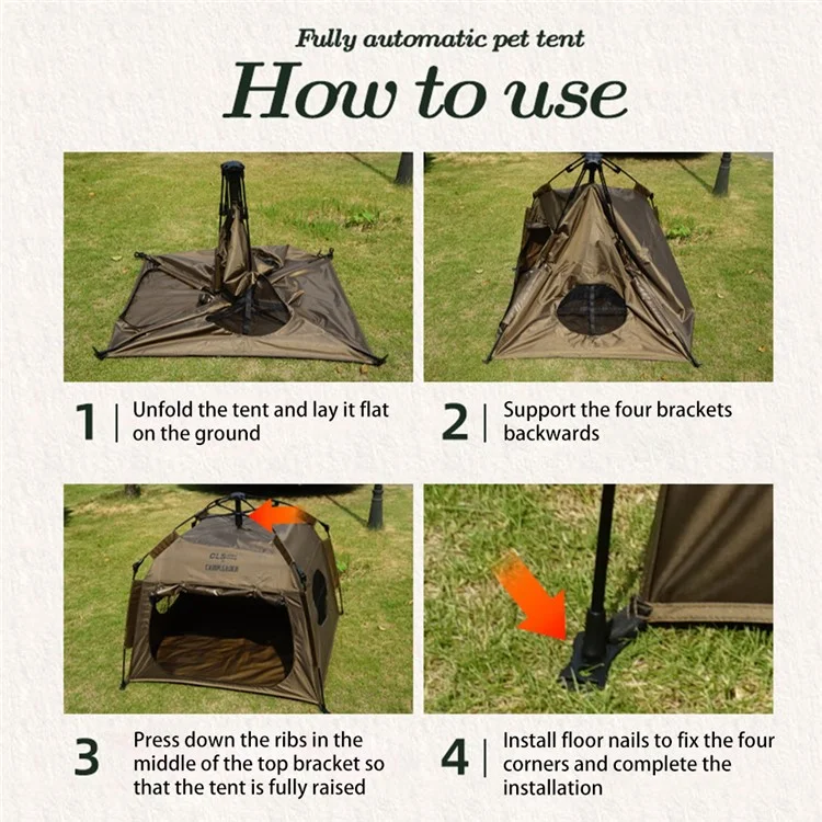 Tente pliante portable CLS pour chiens et chats en tissu Oxford - Kaki pour le camping en plein air et la randonnée
