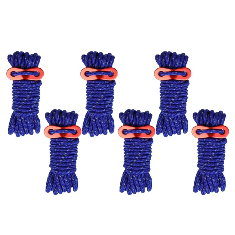 6 Bundles of Reflective Outdoor Camping Windproof Tent Rope 4mmx4m with Cord Tensioner for Fishing, Hiking, Backpacking, Emergency Rescue - Blue