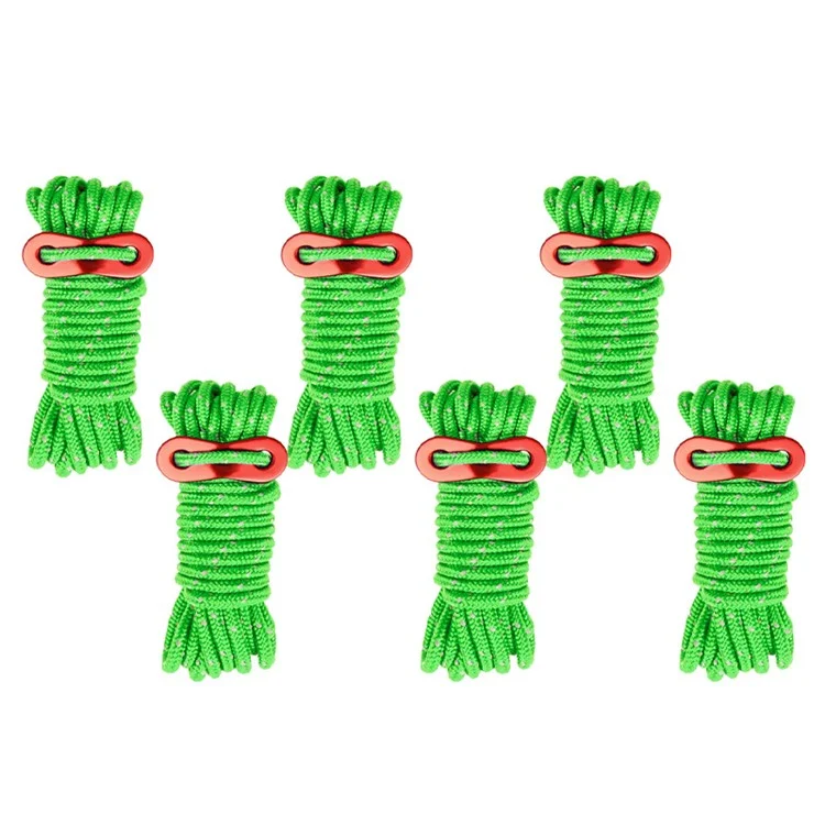 6 Bundles of Reflective Outdoor Camping Windproof Tent Rope 4mmx4m with Cord Tensioner for Fishing, Hiking, Backpacking, Emergency Rescue - Fluorescent Green
