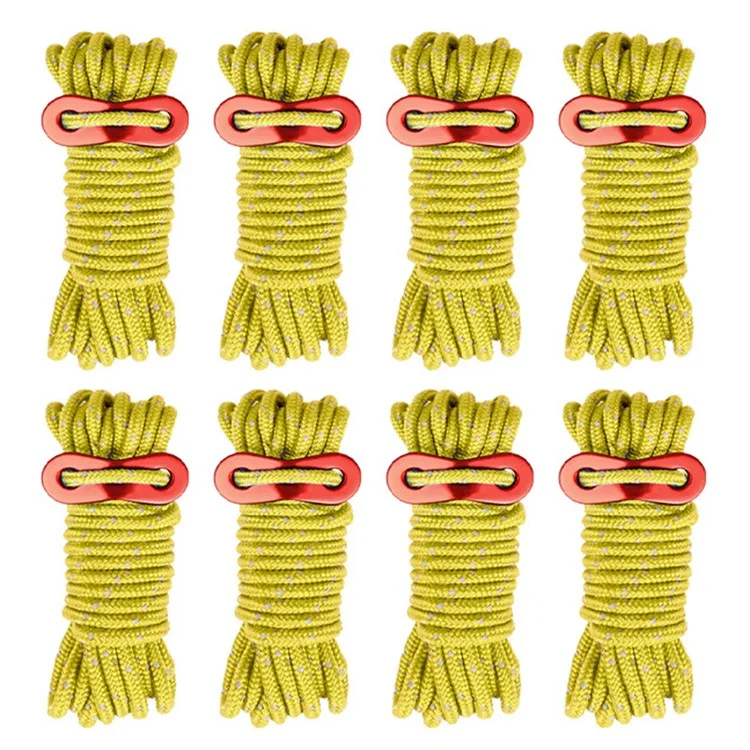 8 Bundles of Luminous Reflective Hiking Guyline High-Strength Outdoor Camping Adjustable Tent Rope with Aluminum Alloy Tensioner - Yellow