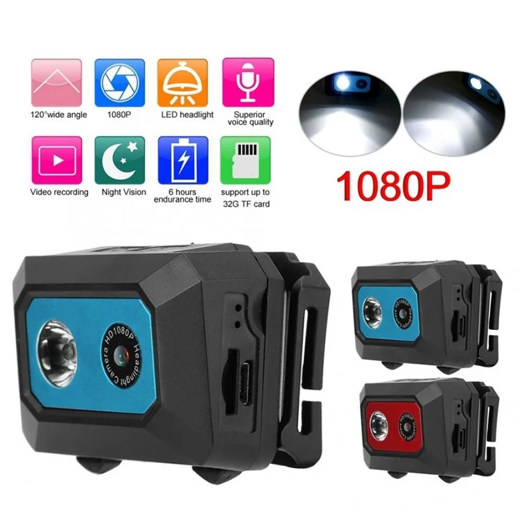 Câmera de ação F18 HD 1080P DV com visão noturna, gravador de vídeo DVR com luz de LED na cabeça - Vermelho