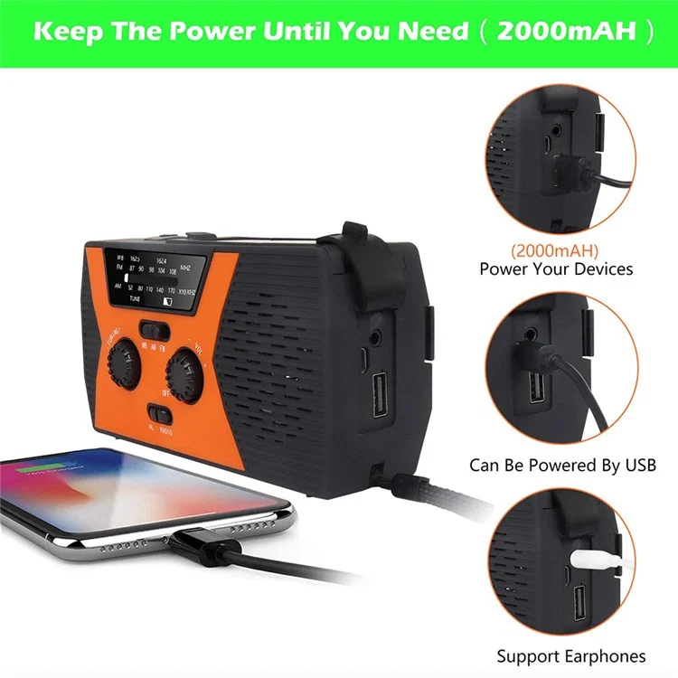 Solar Power Weather Broadcast NOAA/AM/FM Radio with Hand Crank Headphone Jack Reading Lamp 2000mAh Power Bank - Red