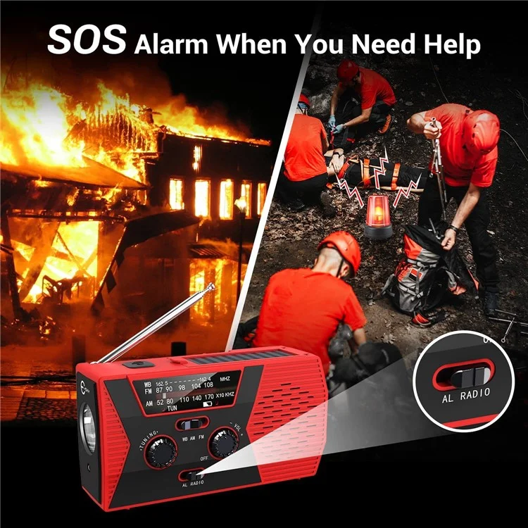 Solar Power Weather Broadcast NOAA/AM/FM Radio with Hand Crank Headphone Jack Reading Lamp 2000mAh Power Bank - Red